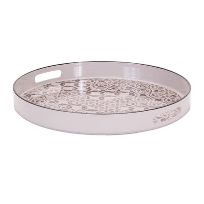 14" Cream And Gray Geometric Pad Print Round Serving Tray With Handles