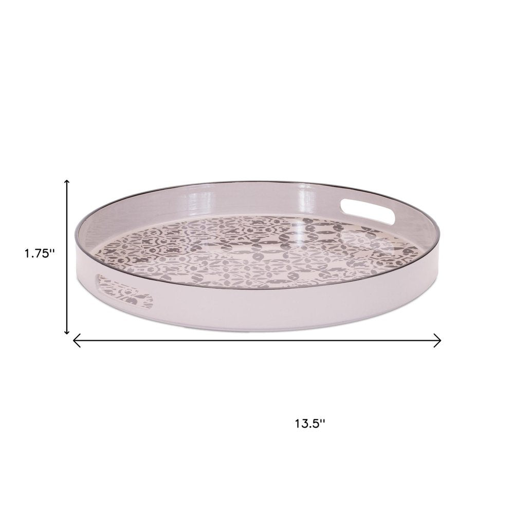 14" Cream And Gray Geometric Pad Print Round Serving Tray With Handles