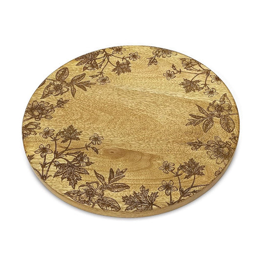 12" Brown Solid Wood Floral Round Serving Tray