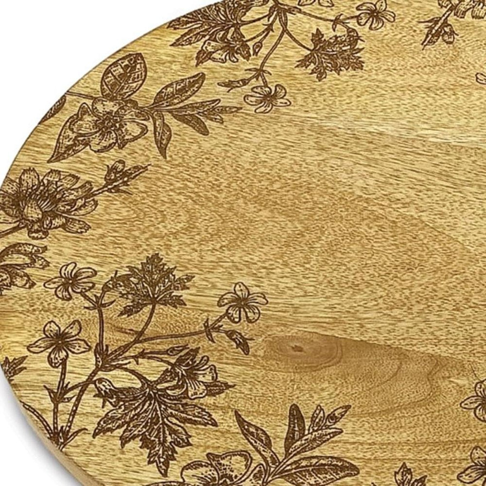 12" Brown Solid Wood Floral Round Serving Tray