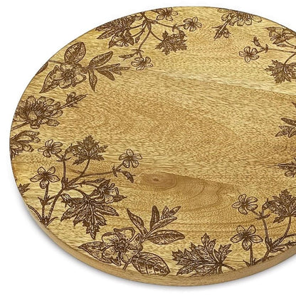 12" Brown Solid Wood Floral Round Serving Tray
