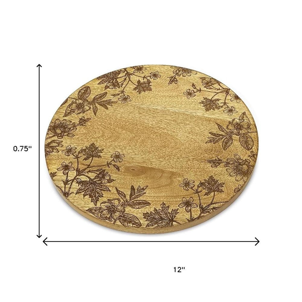 12" Brown Solid Wood Floral Round Serving Tray