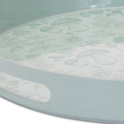 14" Pale Sage Mushrooms Round Serving Tray With Handles
