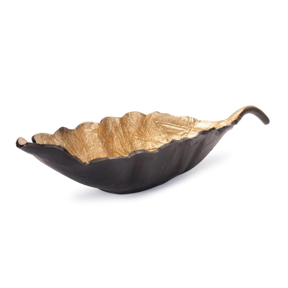 Set of Two 25" Black And Gold Cast Aluminum Rustic Leaf Centerpiece Bowls