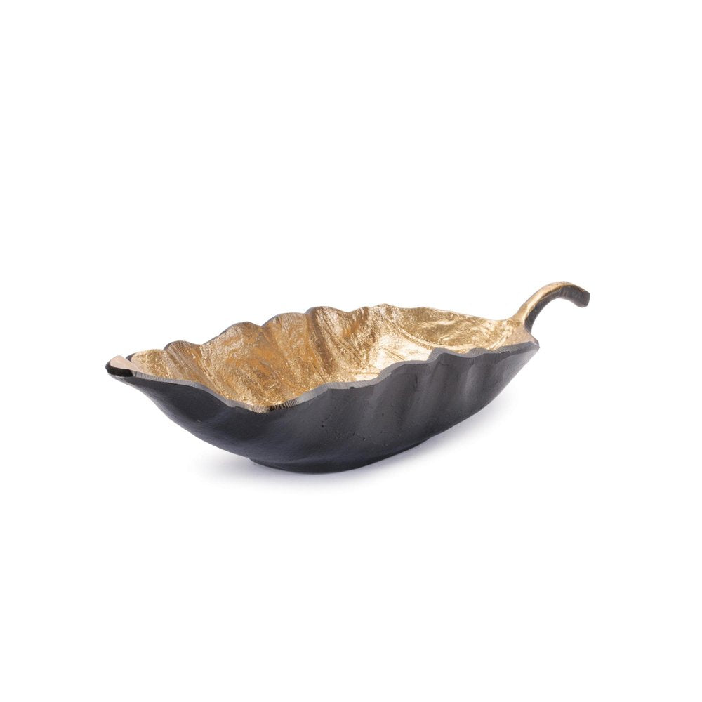 Set of Two 25" Black And Gold Cast Aluminum Rustic Leaf Centerpiece Bowls