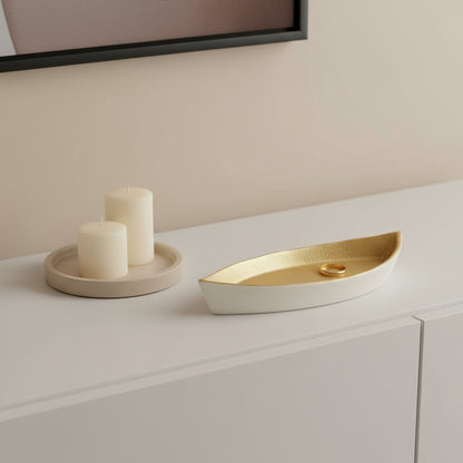 10" Gold And Off White Cast Iron Oval Boat Shaped Tray
