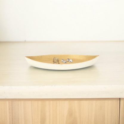 10" Gold And Off White Cast Iron Oval Boat Shaped Tray