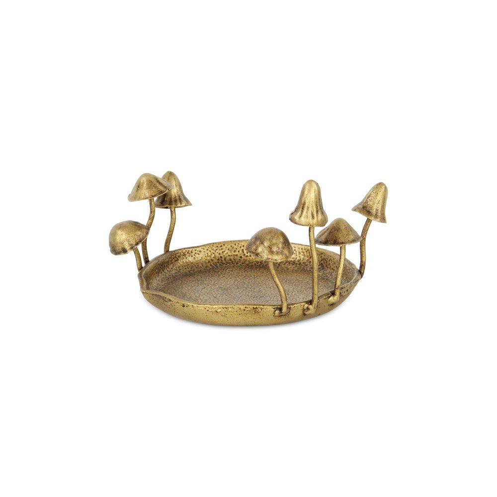 6" Antiqued Gold Cast Iron Mushrooms Trinket Tray