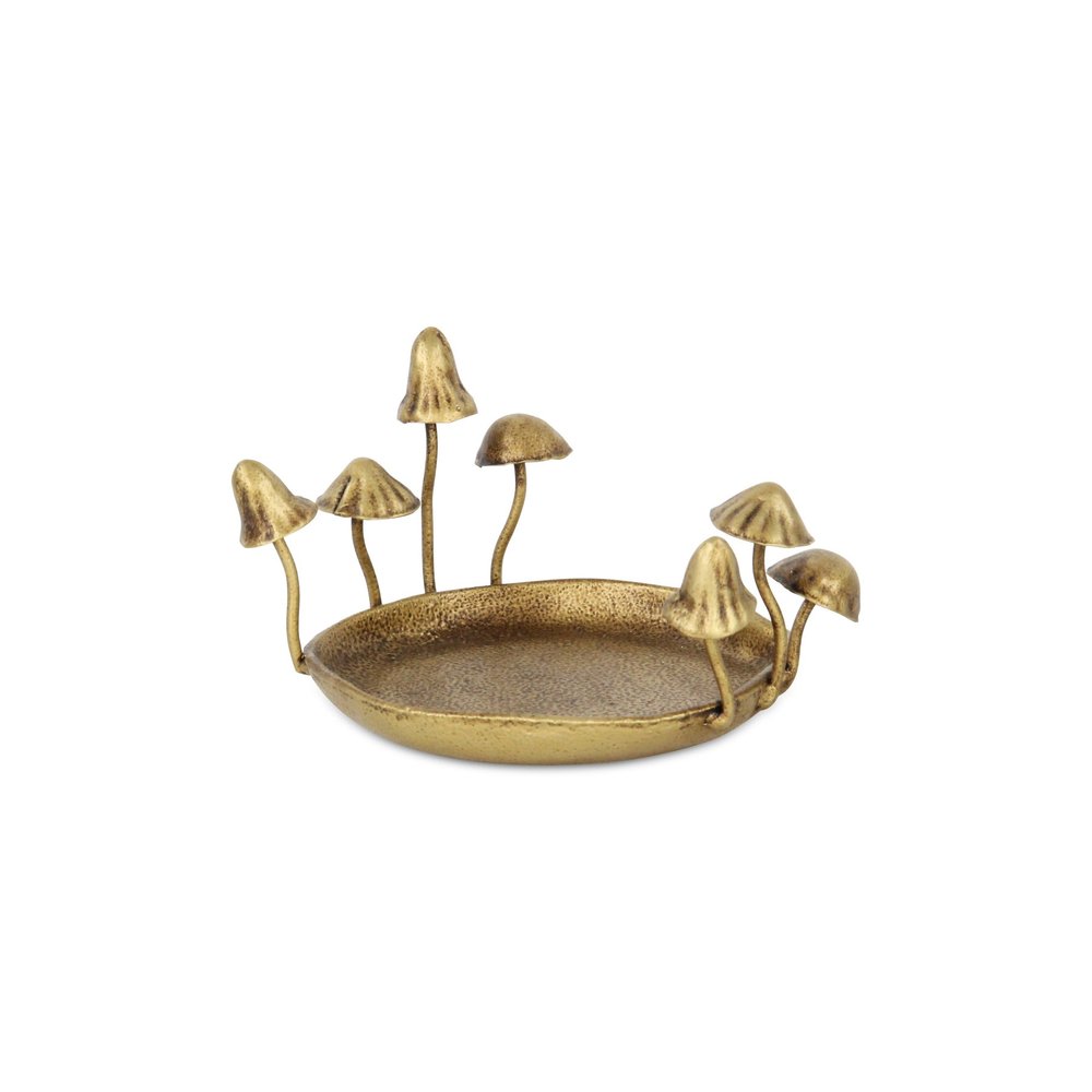6" Antiqued Gold Cast Iron Mushrooms Trinket Tray