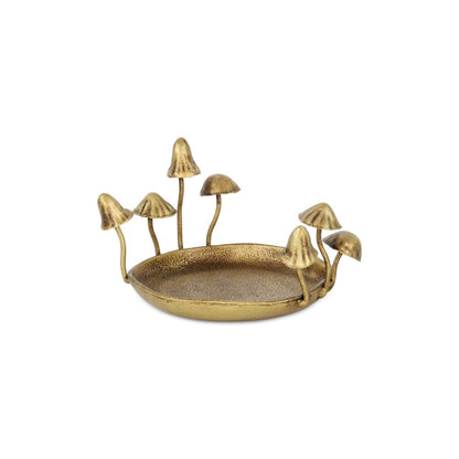 6" Antiqued Gold Cast Iron Mushrooms Trinket Tray