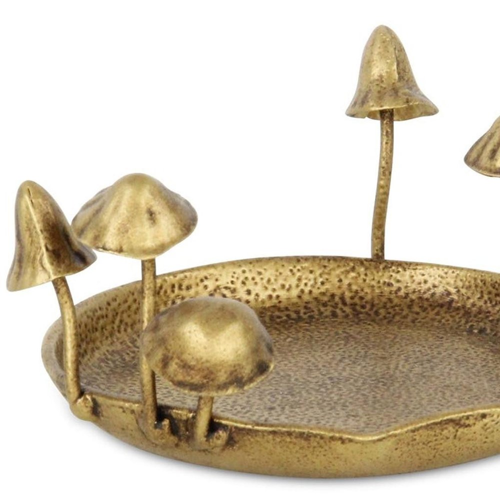 6" Antiqued Gold Cast Iron Mushrooms Trinket Tray