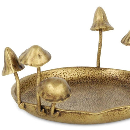 6" Antiqued Gold Cast Iron Mushrooms Trinket Tray