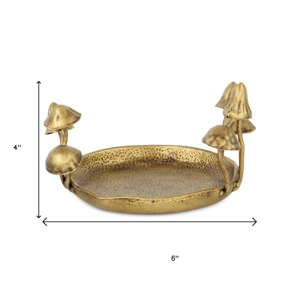 6" Antiqued Gold Cast Iron Mushrooms Trinket Tray