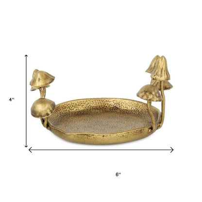 6" Antiqued Gold Cast Iron Mushrooms Trinket Tray