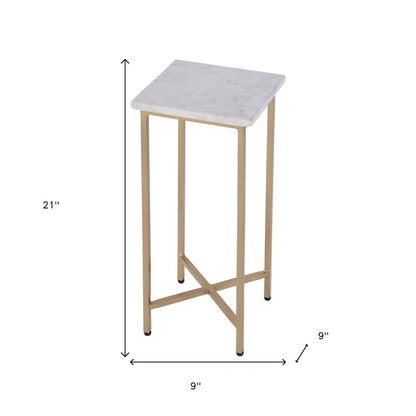 21" White and Gold Distressed Marble and Iron Square End Table