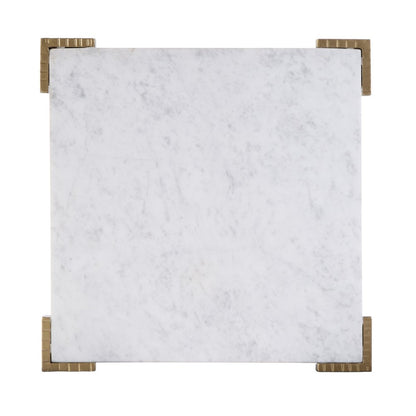 20" White and Gold Distressed Marble and Iron Square End Table