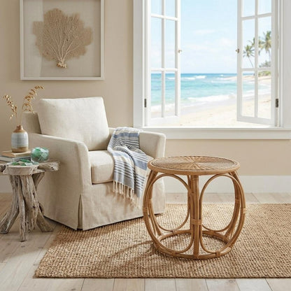 24" Natural Rattan Round Drum End Table