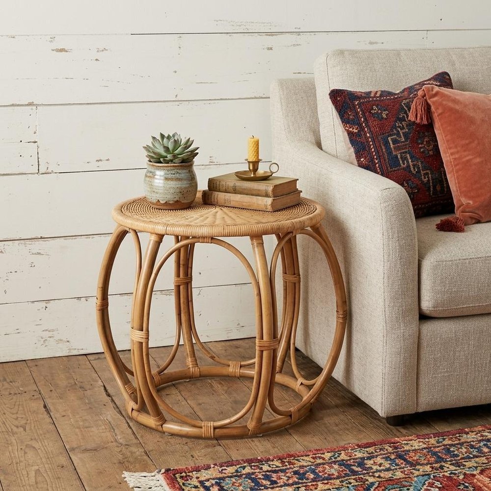24" Natural Rattan Round Drum End Table