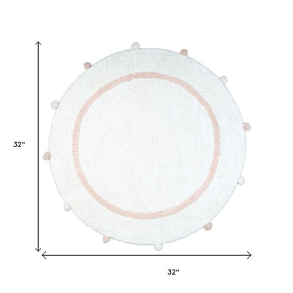 32" Light Pink And White Cotton Round Geometric Bath Rug