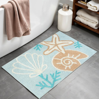 32" Blue Tan And White Cotton Seashells And Coral Bath Rug