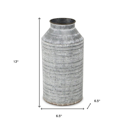 13" Gray Galvanized Metal Geometric Patterned Jug Vase