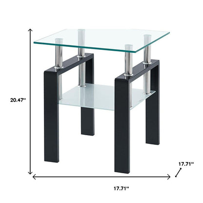 Set of Two Clear and Black Glass and Metal Square End Tables With Shelf