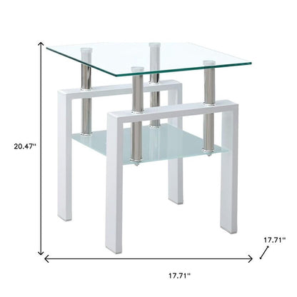 Set of Two Clear and White Glass and Metal Square End Tables With Shelf