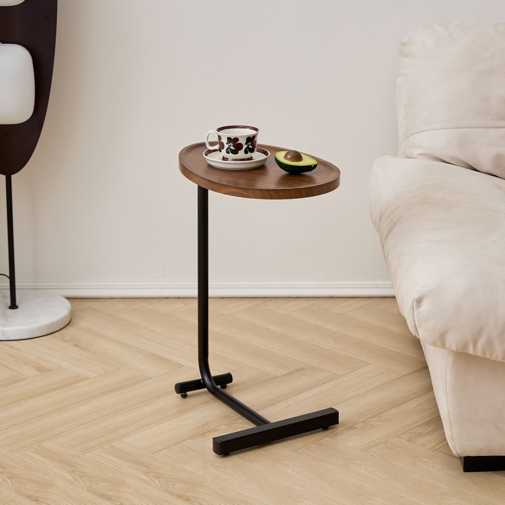 Set of Two Brown and Black Wood and Metal Oval End Tables