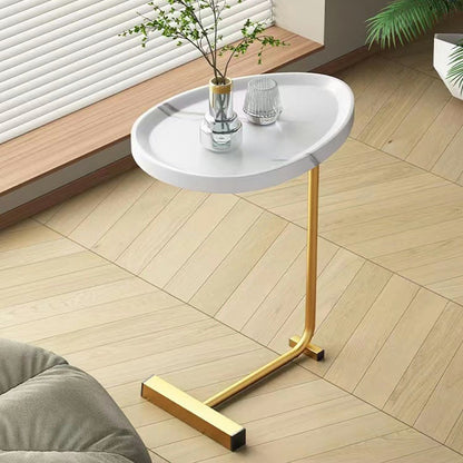 24" White and Gold Faux Marble and Metal Oval End Table