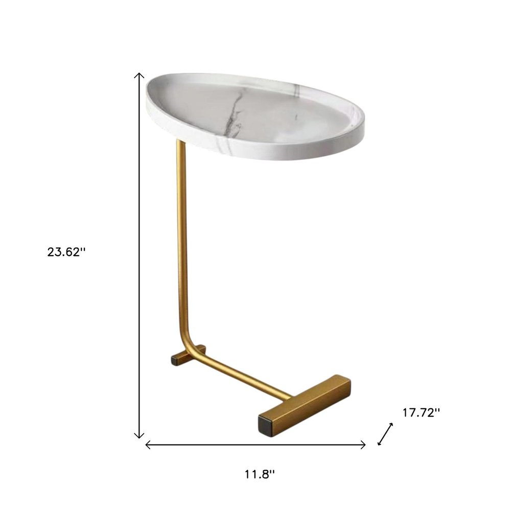 24" White and Gold Faux Marble and Metal Oval End Table