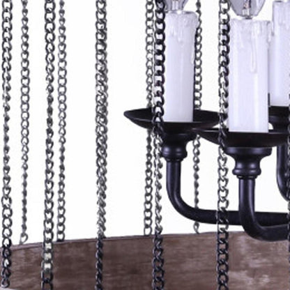 Black And Natural Wood and Metal Cylinder Six Light Dimmable Chandelier