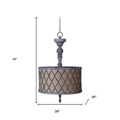Gray Drum Distressed Galvanized Metal Dimmable Chandelier With Natural Shade