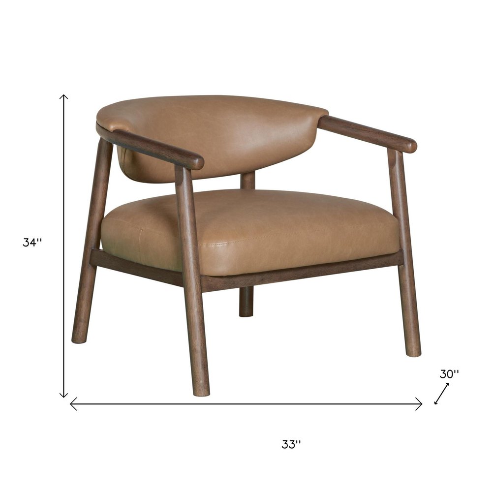 33" Brown and Dark Brown Faux Leather And Wood Arm Chair