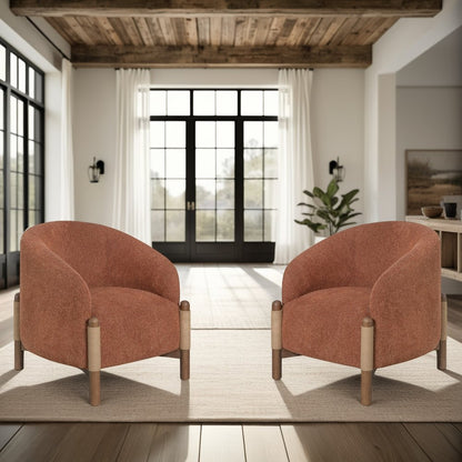 30" Rust and Brown Fabric And Wood Arm Chair