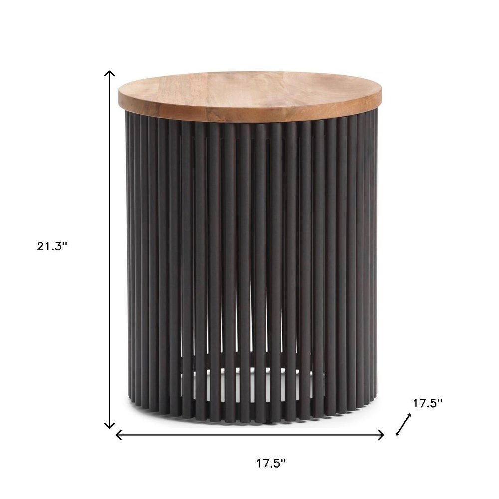 21" Natural and Black Solid Wood and Iron Round Drum End Table