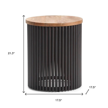21" Natural and Black Solid Wood and Iron Round Drum End Table