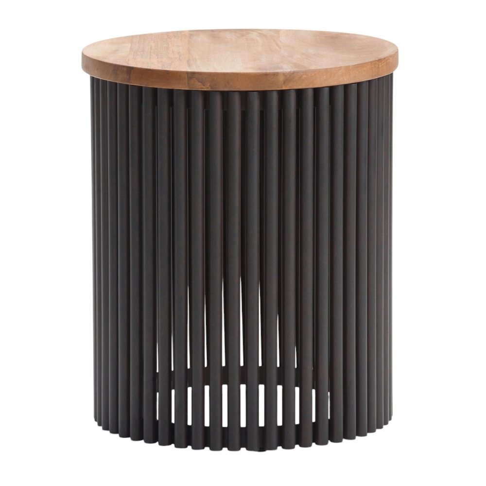 21" Natural and Black Solid Wood and Iron Round Drum End Table