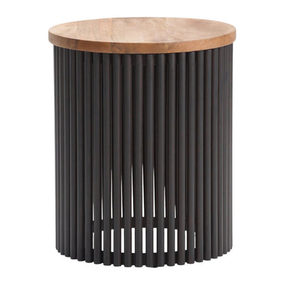 21" Natural and Black Solid Wood and Iron Round Drum End Table