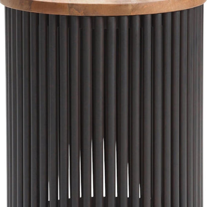 21" Natural and Black Solid Wood and Iron Round Drum End Table