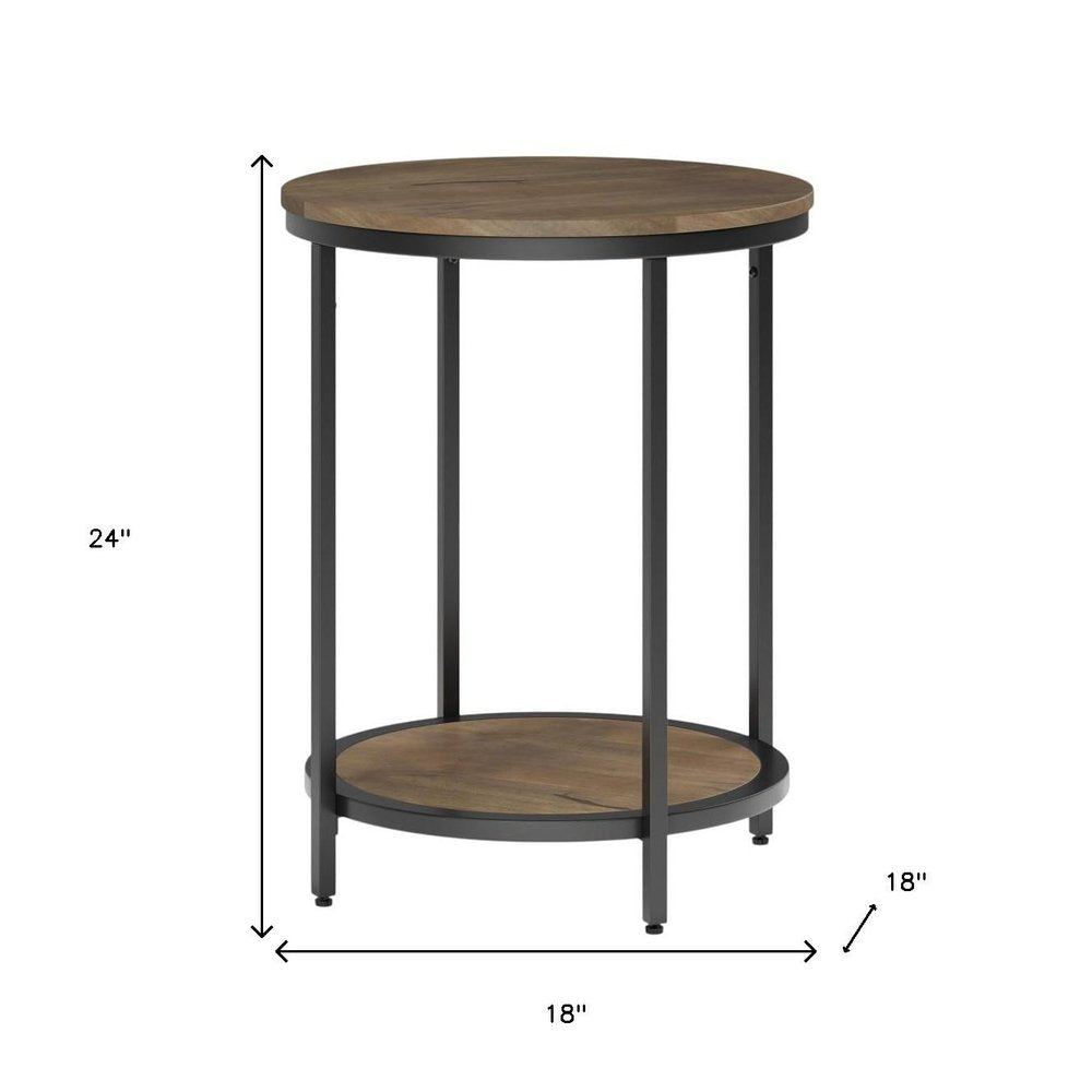 24" Gray and Black Solid Wood and Iron Round End Table With Shelf