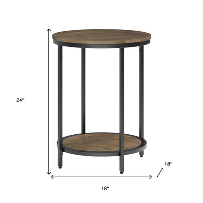 24" Gray and Black Solid Wood and Iron Round End Table With Shelf