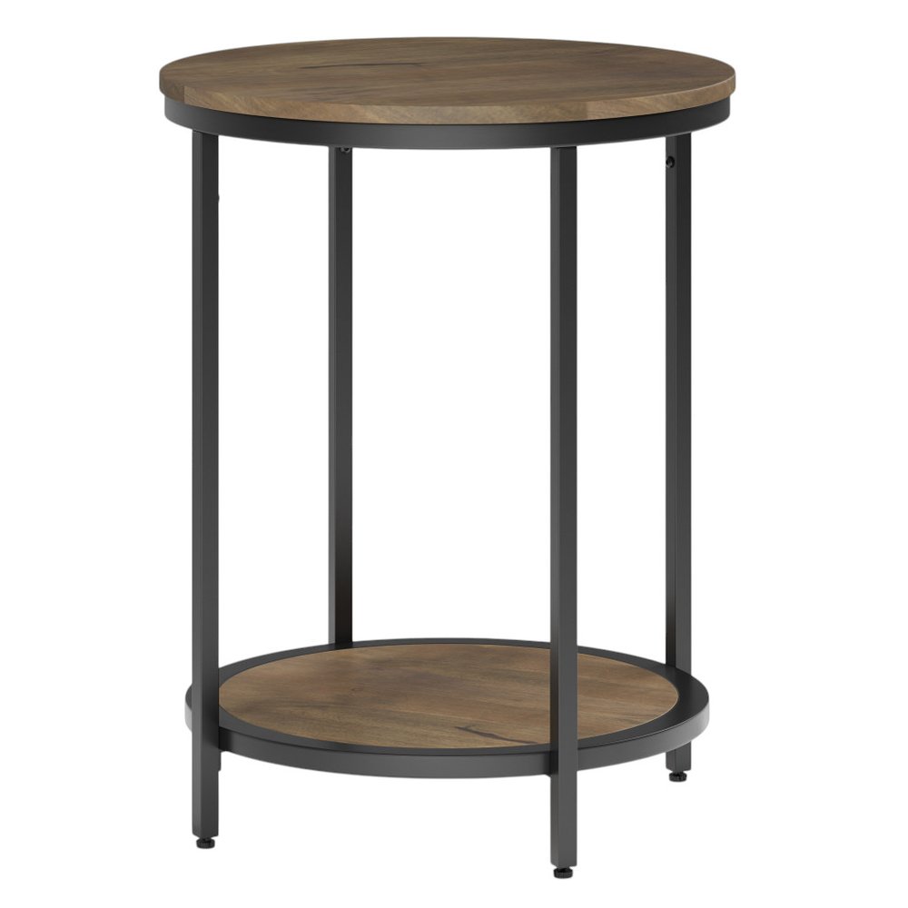 24" Gray and Black Solid Wood and Iron Round End Table With Shelf