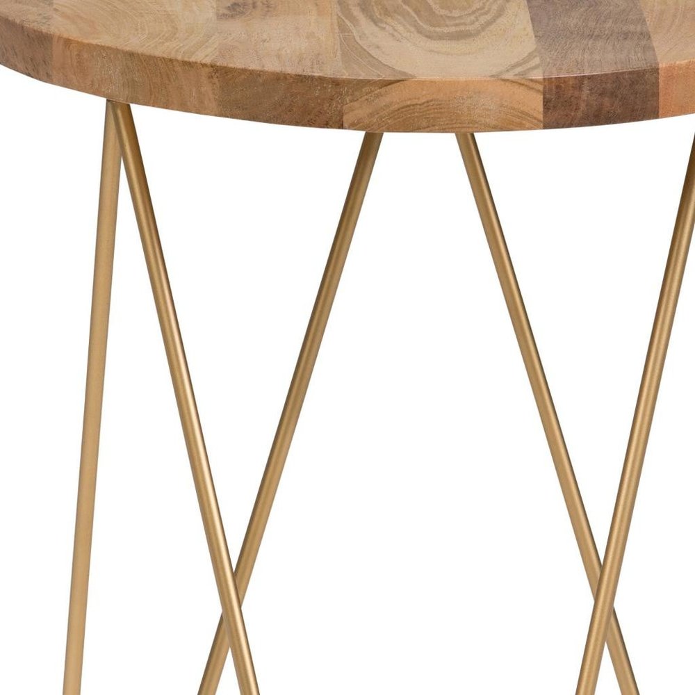 21" Gold Solid Wood and Iron Round End Table