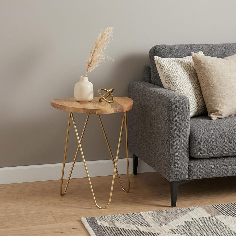 21" Gold Solid Wood and Iron Round End Table