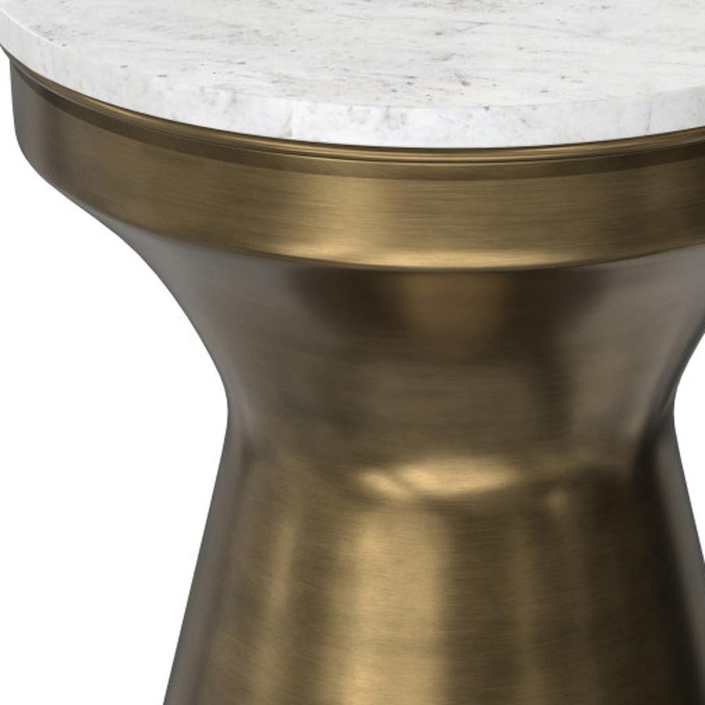 18" Antiqued Brass Marble and Iron Round Drum End Table