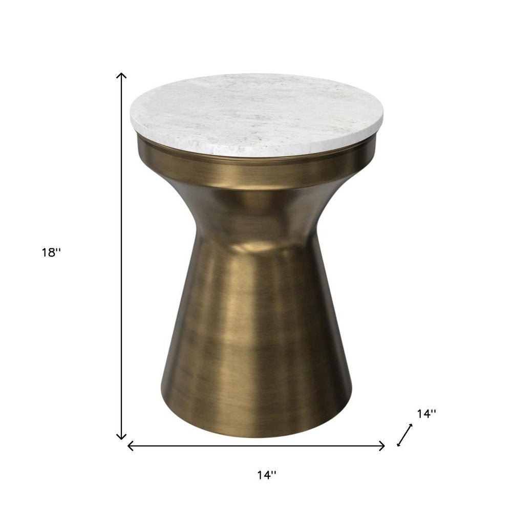 18" Antiqued Brass Marble and Iron Round Drum End Table