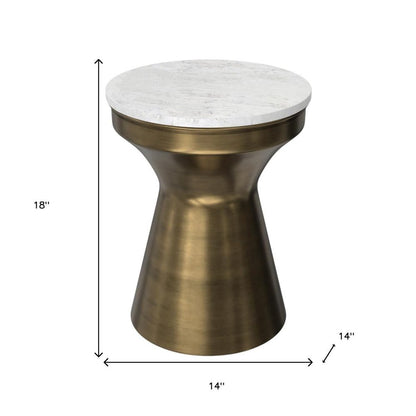 18" Antiqued Brass Marble and Iron Round Drum End Table