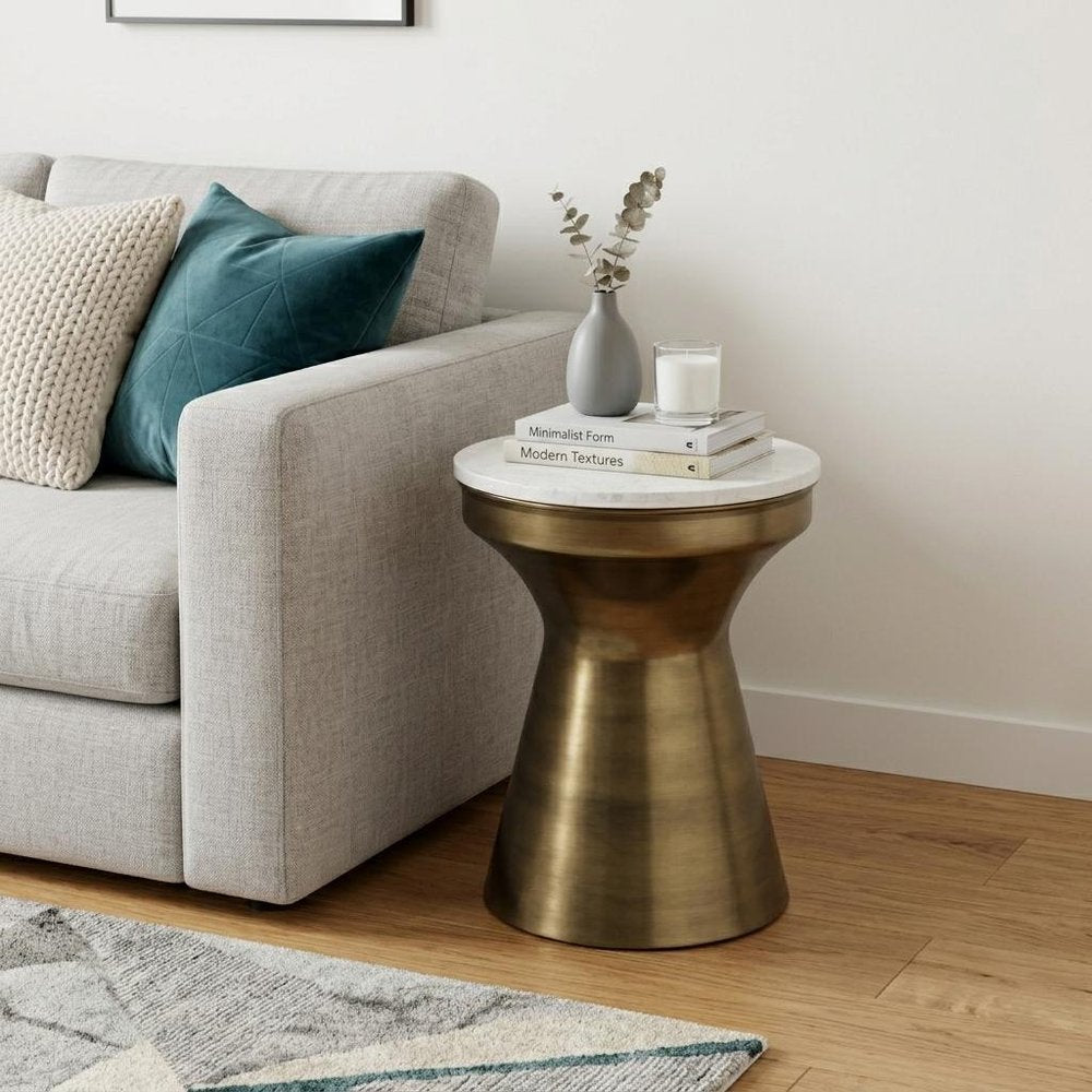 18" Antiqued Brass Marble and Iron Round Drum End Table