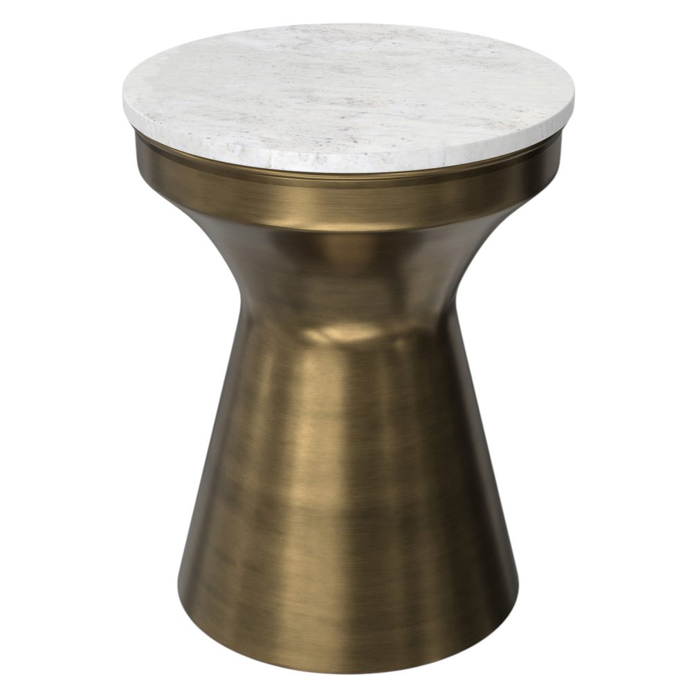 18" Antiqued Brass Marble and Iron Round Drum End Table