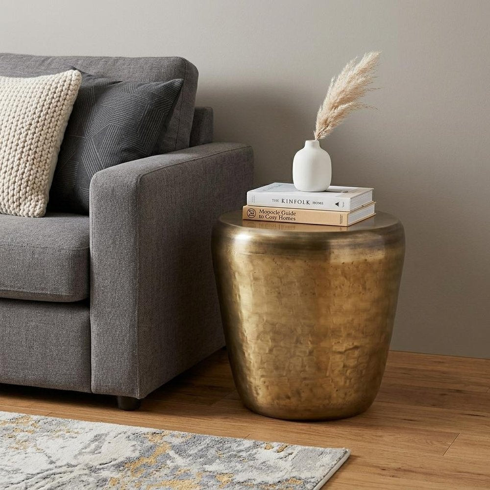 22" Antiqued Gold Distressed Iron Round Drum End Table